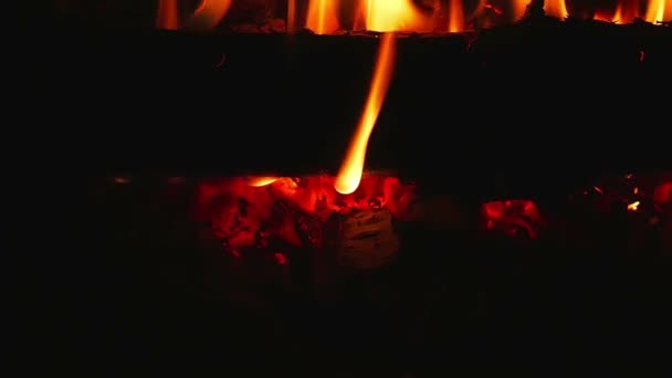 Orange Flames Almost Burned Logs Open Fireplace Super Slow Motion — Stock Video