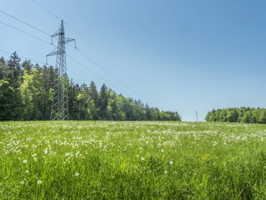 Yüksek gerilim enerji elektrik hatları yüksek pilars çayırlar üzerinde gidiş ile.