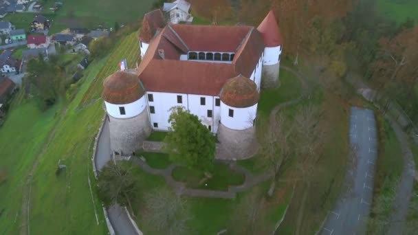 Anténa Létající Kolem Hradu Města Sevnica Vedle Řeky Slovinsku Krásné — Stock video