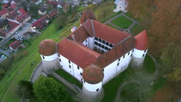 Aerial Flying Castle City Sevnica River Sava Slovenia Beautiful Small — Stock Video