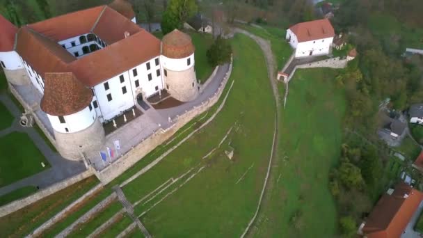 Luchtfoto Rondvliegen Kasteel Van Stad Sevnica Naast Rivier Sava Slovenië — Stockvideo