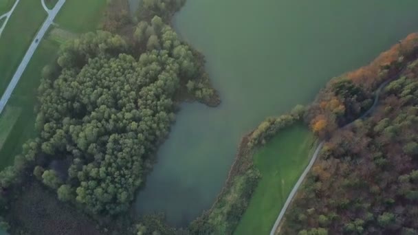 Aerial Evening Flight Beautiful Green Pond Sunset Flying High Green — Stock Video