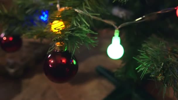赤い光沢のある電球色のライトとクリスマス ツリーの緑に掛かっているにクローズ アップ 家族の時間お祭り準備を再び開始 — ストック動画