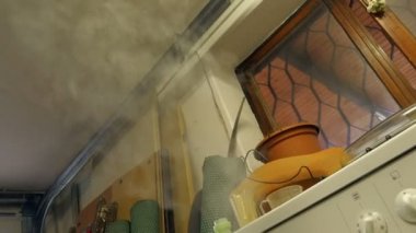 Duman pişirme sırasında elektrik fırından geliyor. Ağır çekimde fırın dışarı üfleme Buhar hd.