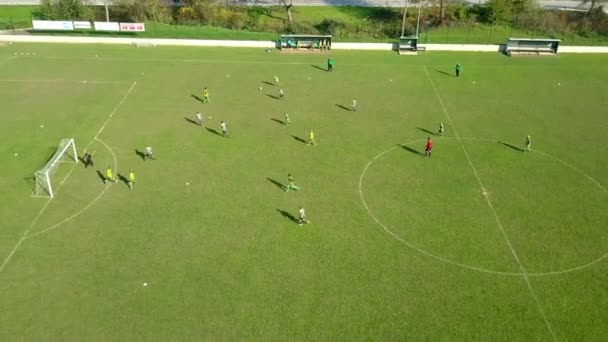 Lasko Eslovénia 2018 Aéreo Crianças Jogando Futebol Driblando Frente Gol — Vídeo de Stock