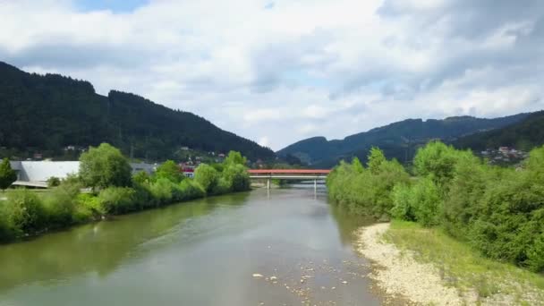 Aérienne Survoler Rivière Vers Pont Traversant Avec Beaucoup Arbres Verts — Video