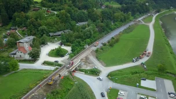 Aerial Drone Going Front Railway Reconstruction Site River Filming Rails — Stock Video