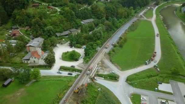 Aerial Drone Flying Railway Reconstruction Site River Filming Rails Renovation — Stock Video