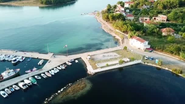 Aerial Flying Front Pier Village Barotul Island Pasman Croatia Shot — Stock Video