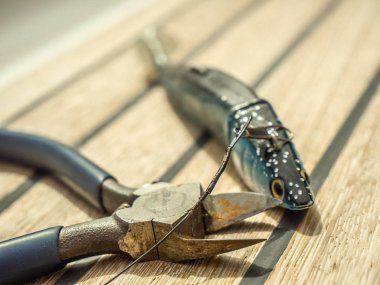 Yapay mavi renk olta yem ve kesmek kerpeteni portre.