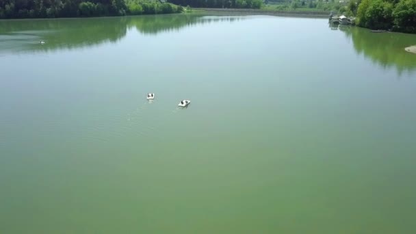 Légi Repül Két Pedaling Hajók Zöld Sumer Napsütéses Napon Drone — Stock videók