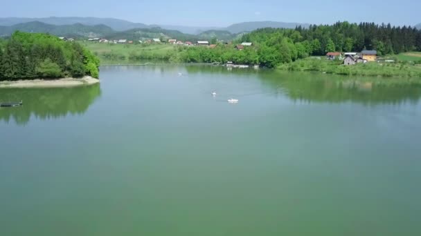 在阳光明媚的日子里 飞越绿湖 上面几乎没有脚踏船 在阳光明媚的夏日 用无人机飞行和拍摄 — 图库视频影像