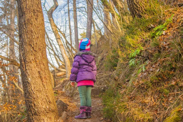 Little girl hiking on uphill forest path on sunny winter morning.