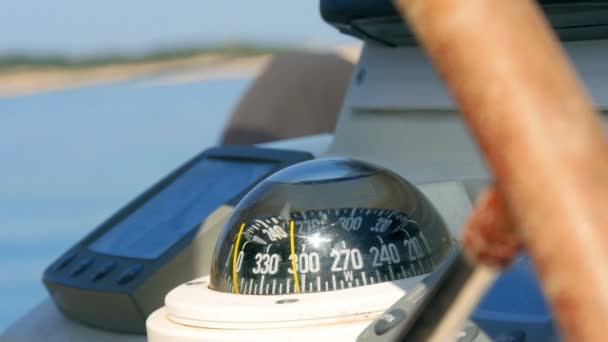 Closeup Navigating Instruments Steering Wheel Sailing Boat Filmed Sailing Trip — Stock Video