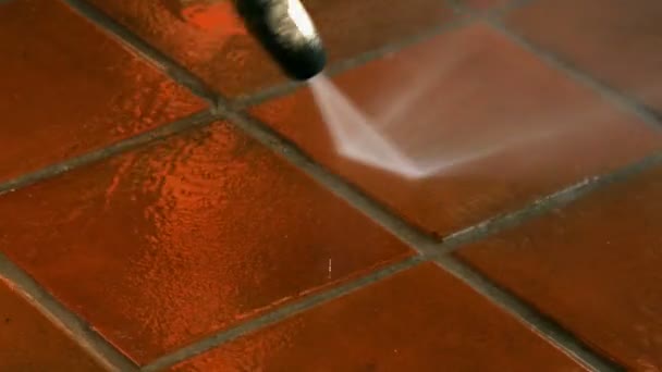 Closeup Cleaning Outdoor Floor Ceramic Tiles High Pressure Water Washer — Stock Video