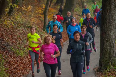 Lasko, Slovenya, 11.11.2017, sadaka çalıştırmak: Parkı ile çalışan katılımcıların.