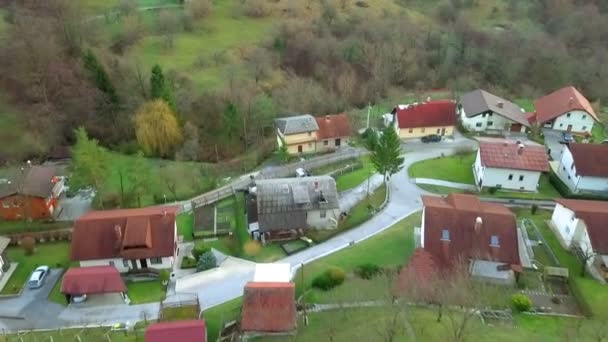 Aerial Drone Flying Small Settlement Lots Green Surfaces — Stock Video