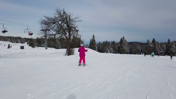 Rogla Slovenia 2019 Съемки Маленькой Девочки Которая Учится Кататься Лыжах — стоковое видео