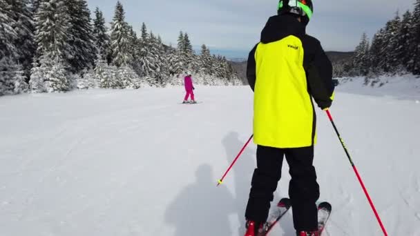 Rogla Slowenien 2019 Filmaufnahmen Eines Kleinen Mädchens Das Skifahren Lernt — Stockvideo