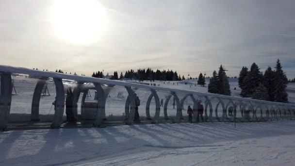 Rogla Slovenia 2019 Skiers Going Glass Ski Lift Tube Filming — Stock Video