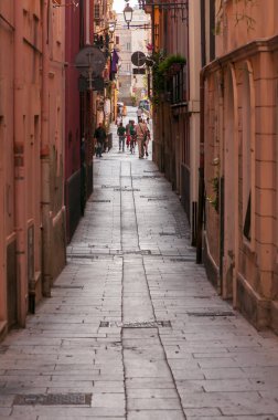 Cagliari, İtalya, Eylül 2019. Cagliari 'de bitki ve çiçeklerle dolu dar bir sokak..