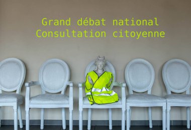 Fransızca (Fransızca olarak yazılmış büyük tartışma Ulusal Danışma vatandaş için alma sarı yelek (Jile üç) ile Fransa Cumhuriyeti Marianne sembolü)