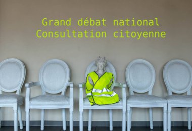 Marianne symbol of the French Republic with a yellow vest (gilet jaune)receiving the French for the Big debate national consultation citizen (written in French) clipart