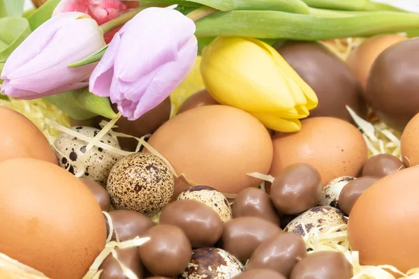 Close Cesta Páscoa Com Vários Ovos Frango Codorniz Chocolate Tulipas — Fotografia de Stock