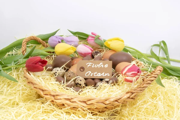 Happy Easter Frohe Ostern Happy Easter Written German Label Celebrate — Stock Photo, Image