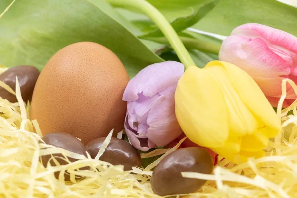 Ägg Choklad Hönsägg Och Färgglada Tulpaner För Påsk Och Vårens — Stockfoto