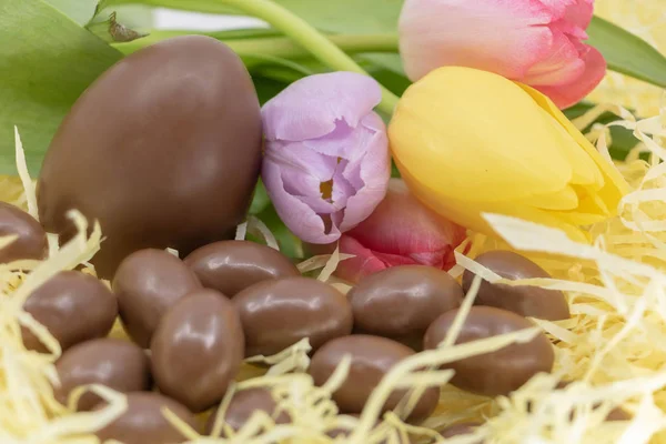 Velikonoce Jemné Barvy Pastely Čokoládová Vajíčka Tulipány — Stock fotografie