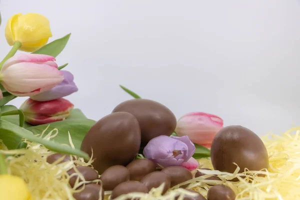 Pastel Tulipas Românticas Ovos Chocolate Para Celebrar Páscoa Fronteira Recursos — Fotografia de Stock