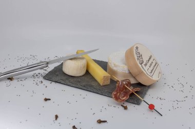 Cheese tasting tray with a slice of sausage - no logo, just the mention 
