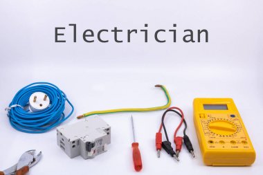 elektrikçi işgal (elektrikçi Ingilizce olarak yazılır) elektrik ekipmanları ve ev planı ile grafik kaynak