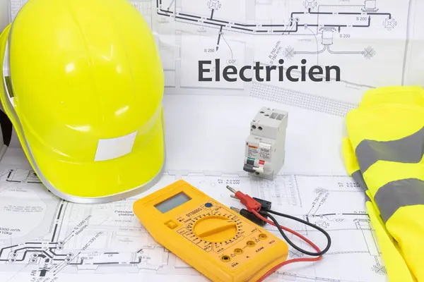 Graphic resource for electrician - house plan, electrical tester, circuit breaker and safety equipment
