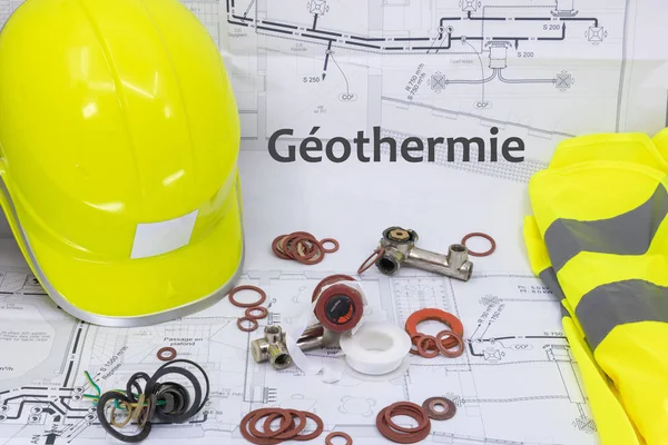 Geothermal Resource graphic with house plan safety equipment and plumbing equipment (gothermie is geothermal written in French)