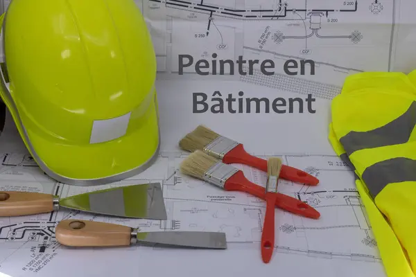 Graphic resource for House Painter (peintre en btiment is House painter written in French) with house plan security equipment and materials for house painting