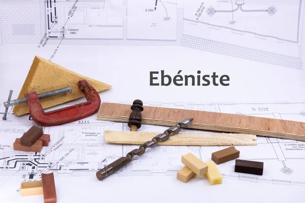 Joinery and cabinet maker Graphic resource with house plan and woodworking equipment (bniste is cabinet maker written in French)