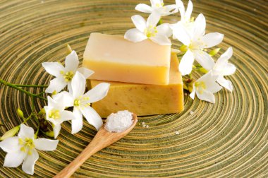 Beyaz frangipani ve tuz kaşık ve sabun ahşap plaka üzerinde 