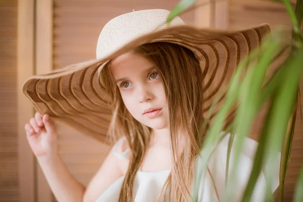 Little Girl Summer Panama Hat White Dress Photo Taken Studio — Stock Photo, Image