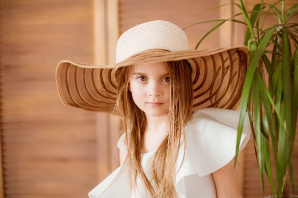 Little Girl Summer Panama Hat White Dress Photo Taken Studio — Stock Photo, Image