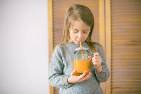 Cute Little Girl Glass Orange Juice Home Closeup — Stock Photo, Image