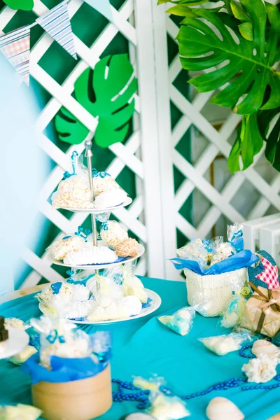 Férias Das Crianças Estão Decoradas Com Balões Azuis Conchas Plantas — Fotografia de Stock