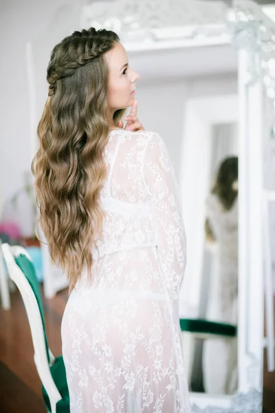 Beautiful Young Bride Long Blond Curly Hair Long White Lacy — Stock Photo, Image