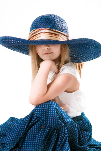 Beautiful Fashionable Little Girl Blond Hair Hat Wide Brim Long — Stock Photo, Image