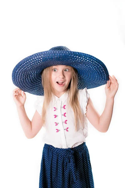 Beautiful Fashionable Little Girl Blond Hair Hat Wide Brim Long — Stock Photo, Image