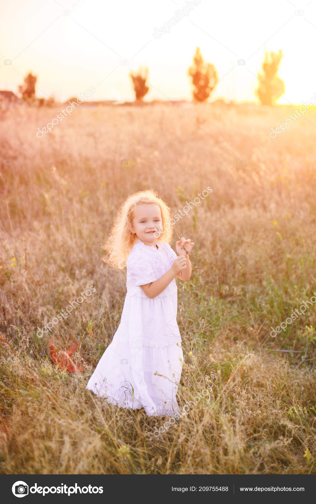 Adorable Happy Little Girl Curly Blonde Hair Wearing White Dress