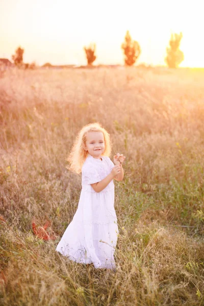 Adorabile Bambina Felice Con Capelli Biondi Ricci Indossa Vestito Bianco — Foto Stock