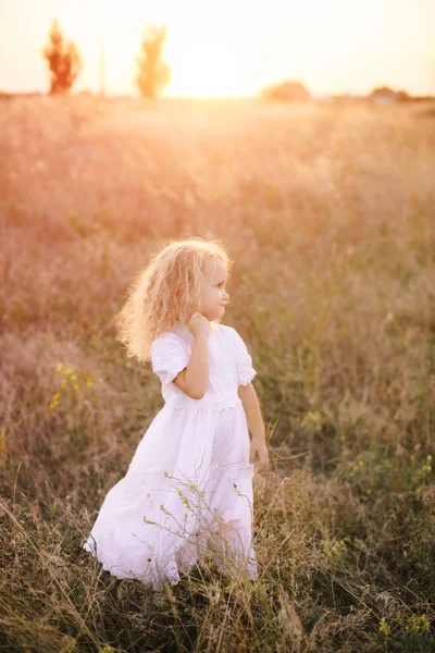 愛らしい幸せ少女金髪巻き毛の笑みを浮かべて野草の花 日当たりの良い夕日フィールドに立っている白いドレスを着て — ストック写真