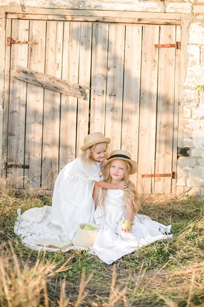 Mooie Blonde Meisje Zusters Witte Jurken Stro Hoeden Lachen Appels — Stockfoto